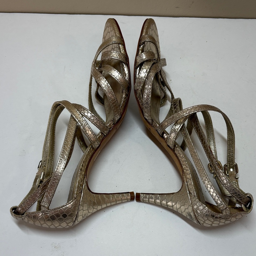 ANTONIO MELANI Gold Strappy Snake-Texture Leather Stiletto Sandals - Picture 9 of 14